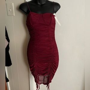 almost FAMOUS Cami Bustier Ruched Dress Juniors' Small Burgundy Spaghetti Strap